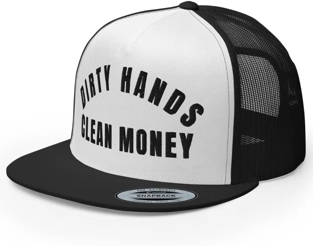 NG Dirty Hands Clean Money Flat Bill Embroidered Trucker Hat High Crown | Adjustable Blue Collar Cap
