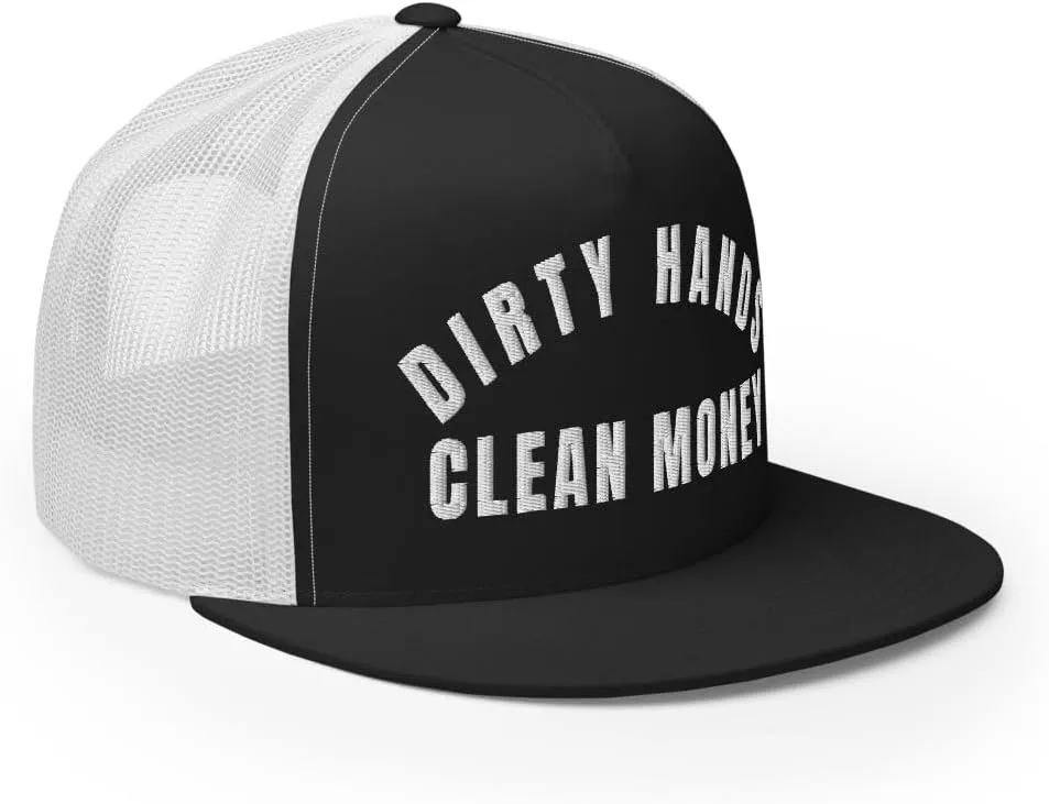 NG Dirty Hands Clean Money Flat Bill Embroidered Trucker Hat High Crown | Adjustable Blue Collar Cap