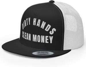 NG Dirty Hands Clean Money Flat Bill Embroidered Trucker Hat High Crown | Adjustable Blue Collar Cap