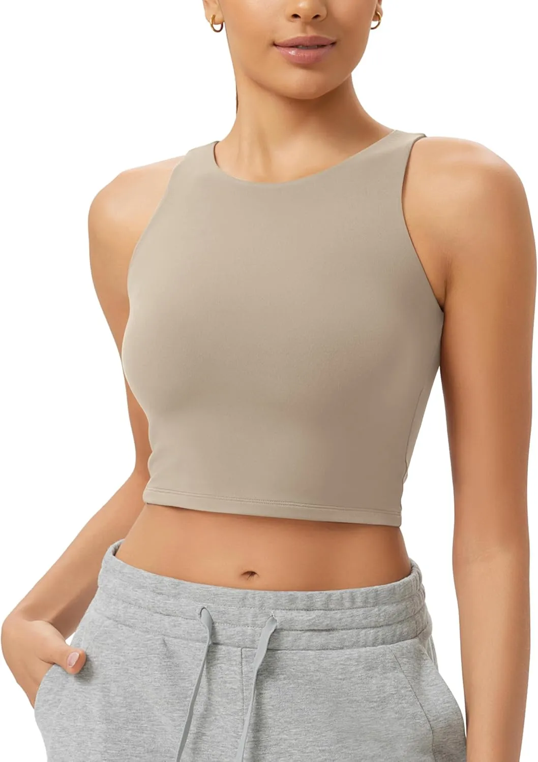 ODODOS Double Layer High Neck Crop Tank for Women Cloud Feeling Sleeveless Casual Yoga Cropped Tops