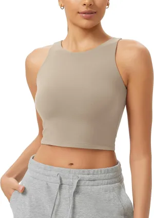 ODODOS Double Layer High Neck Crop Tank for Women Cloud Feeling Sleeveless Casual Yoga Cropped Tops