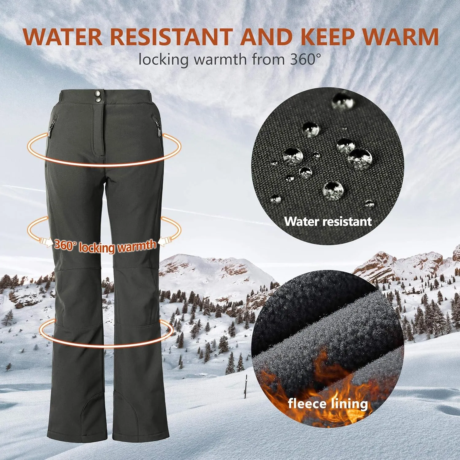 Outdoor Ventures Women's Sleek Waterproof Softshell Fleece Lined Ski Snow Insulated High Rise Hiking Pants with Bottom Zipper