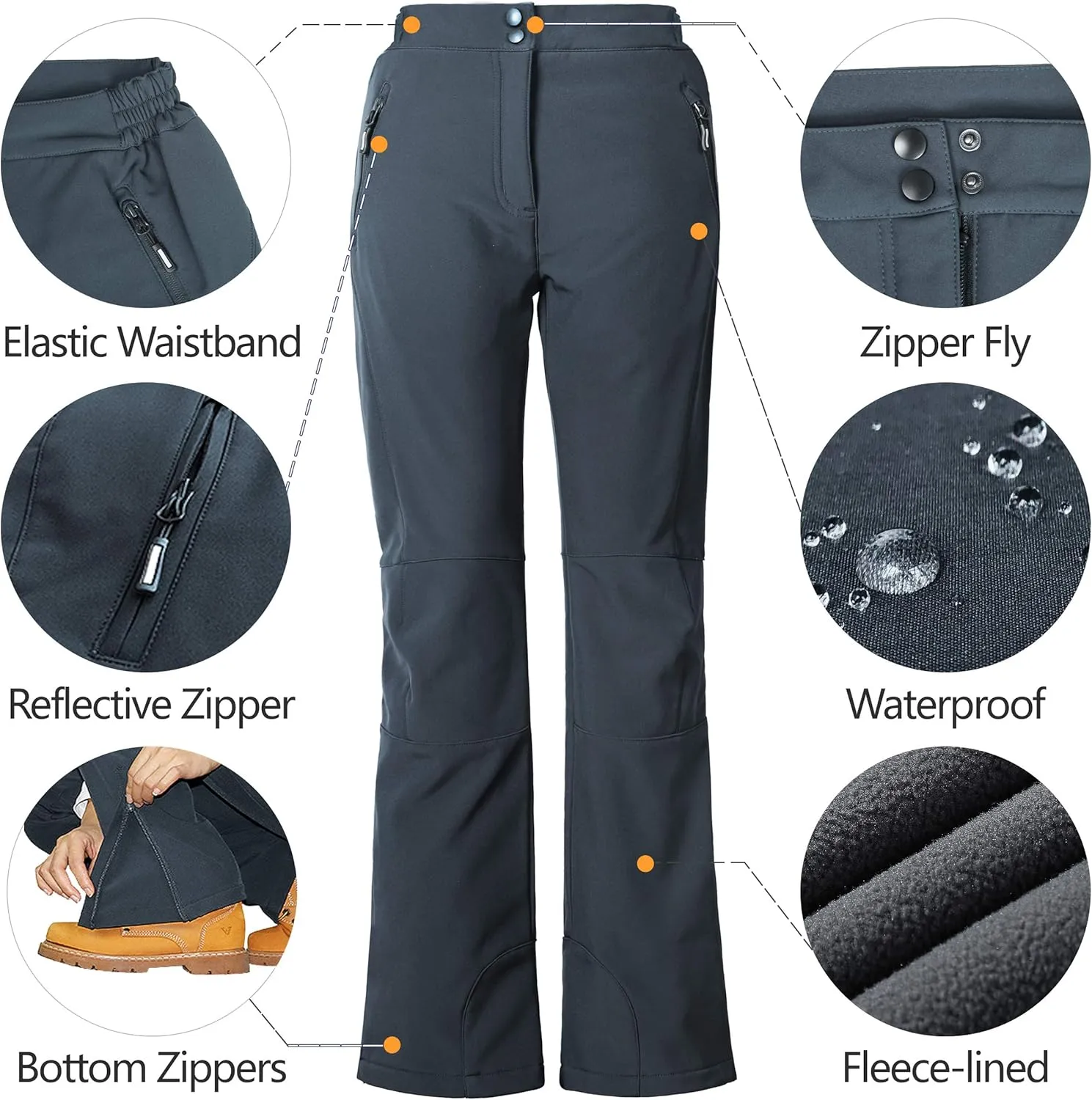 Outdoor Ventures Women's Sleek Waterproof Softshell Fleece Lined Ski Snow Insulated High Rise Hiking Pants with Bottom Zipper