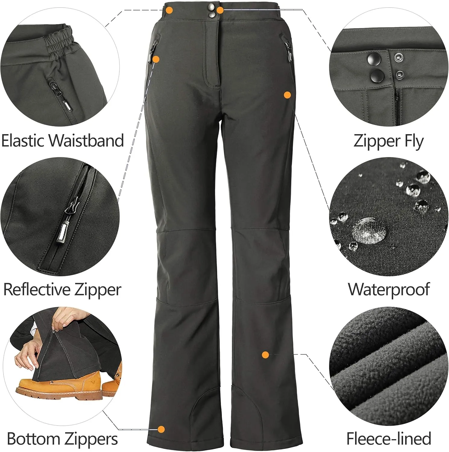Outdoor Ventures Women's Sleek Waterproof Softshell Fleece Lined Ski Snow Insulated High Rise Hiking Pants with Bottom Zipper