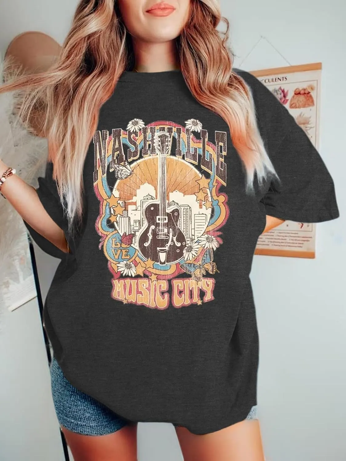 Oversized Rock Band T-Shirt Women Country Music Shirt Tops Nashville Music City Tshirt Vintage Guitar Wings Graphic Tees