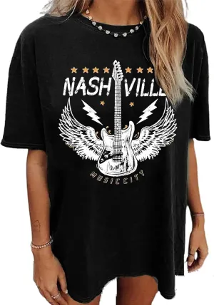 Oversized Rock Band T-Shirt Women Country Music Shirt Tops Nashville Music City Tshirt Vintage Guitar Wings Graphic Tees