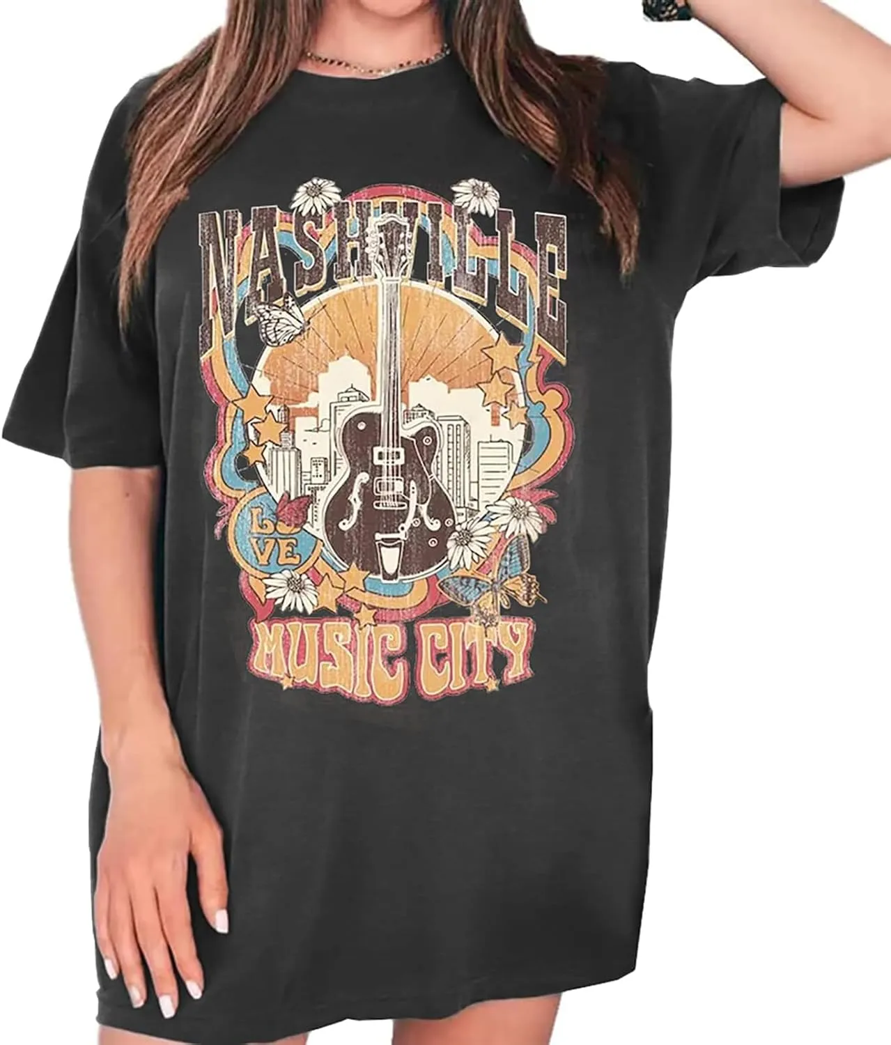 Oversized Rock Band T-Shirt Women Country Music Shirt Tops Nashville Music City Tshirt Vintage Guitar Wings Graphic Tees