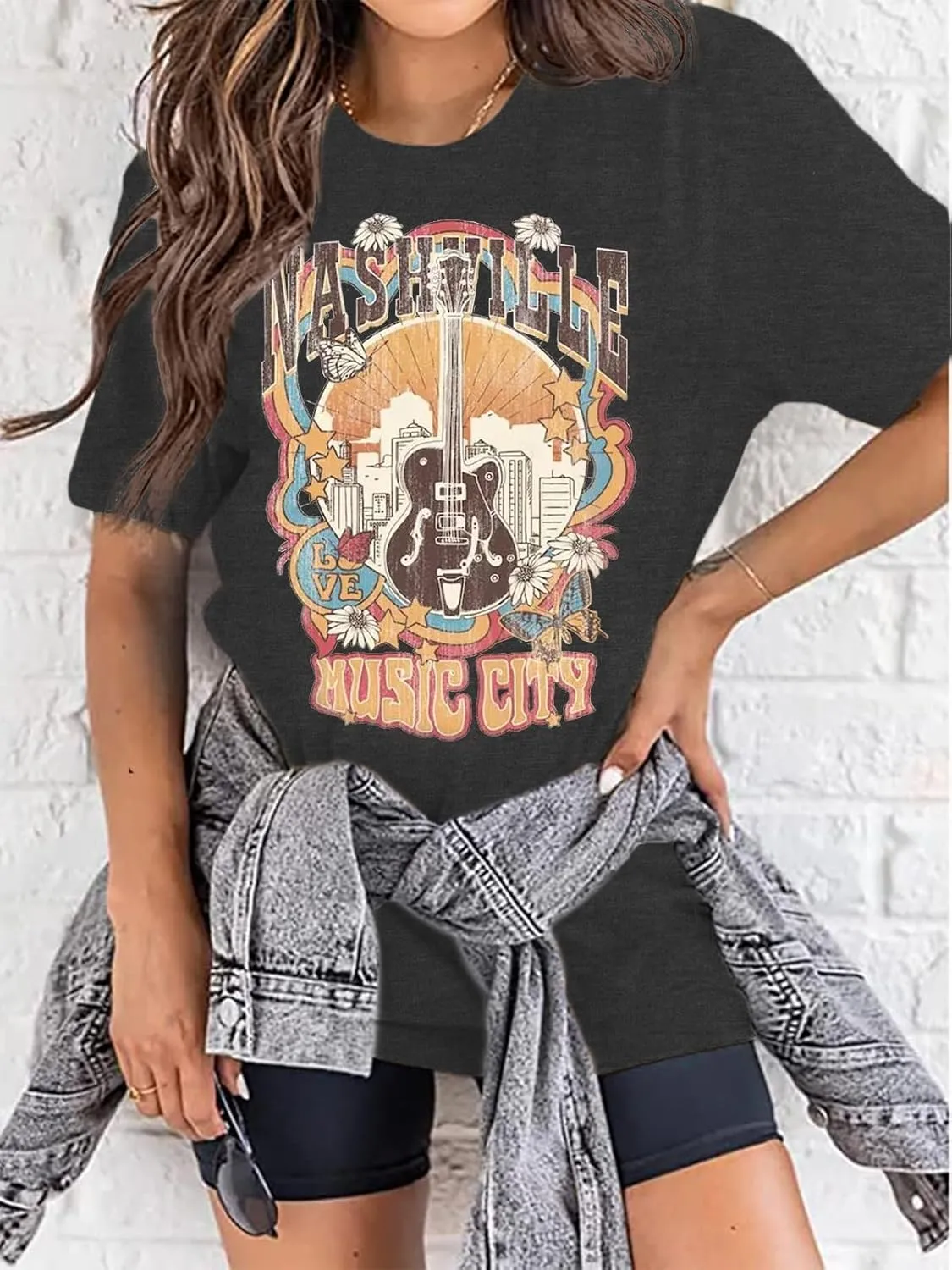 Oversized Rock Band T-Shirt Women Country Music Shirt Tops Nashville Music City Tshirt Vintage Guitar Wings Graphic Tees