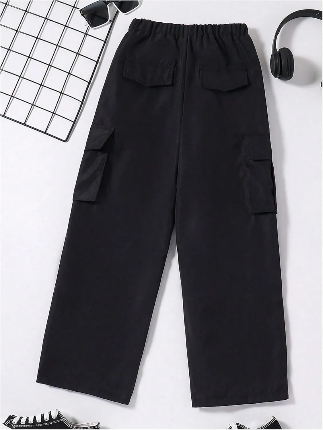 OYOANGLE Boy's Elastic Waist Straight Leg Cargo Pants Street Solid Long Trousers with Pockets