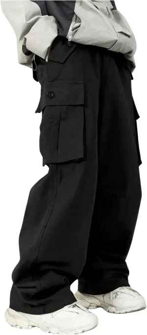 OYOANGLE Boy's Elastic Waist Straight Leg Cargo Pants Street Solid Long Trousers with Pockets