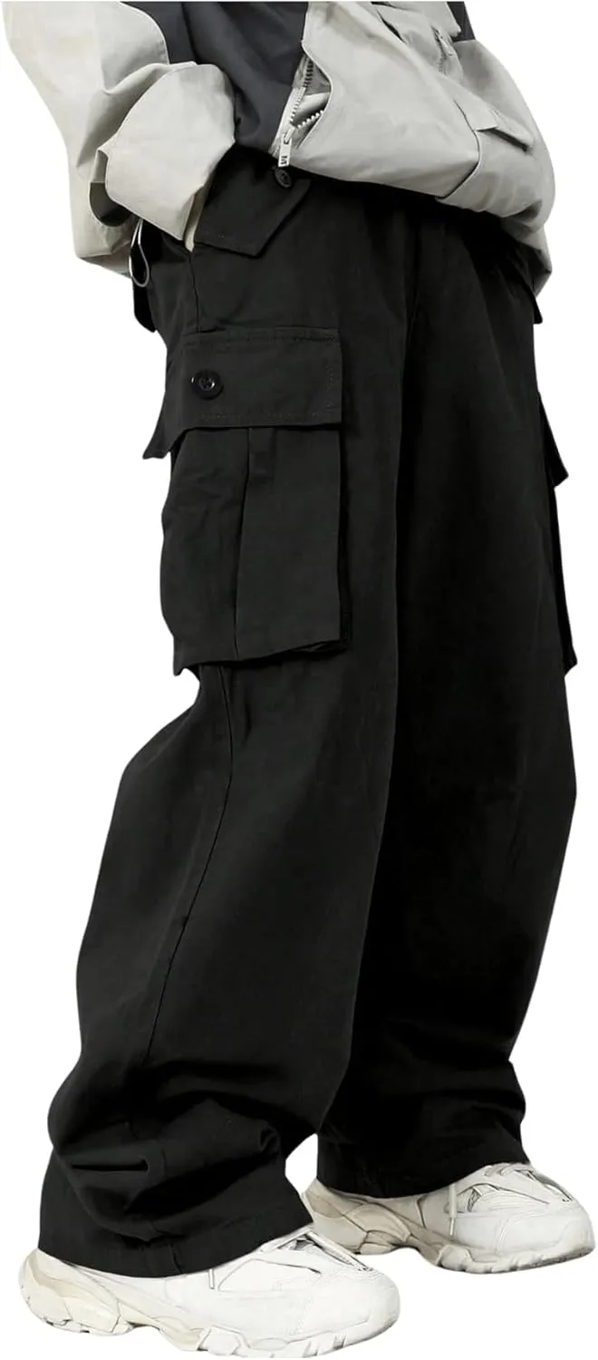 OYOANGLE Boy's Elastic Waist Straight Leg Cargo Pants Street Solid Long Trousers with Pockets
