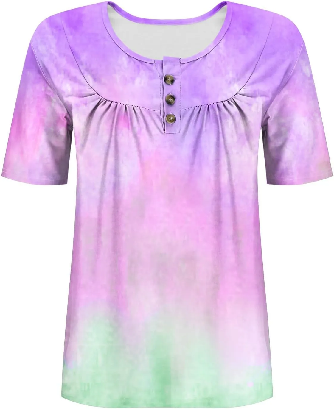 Plus Size Top for Women Button Up Henley Shirts Short Sleeve Summer Crew Neck Pleated Casual Trendy Tie Dye Tunic Blouse