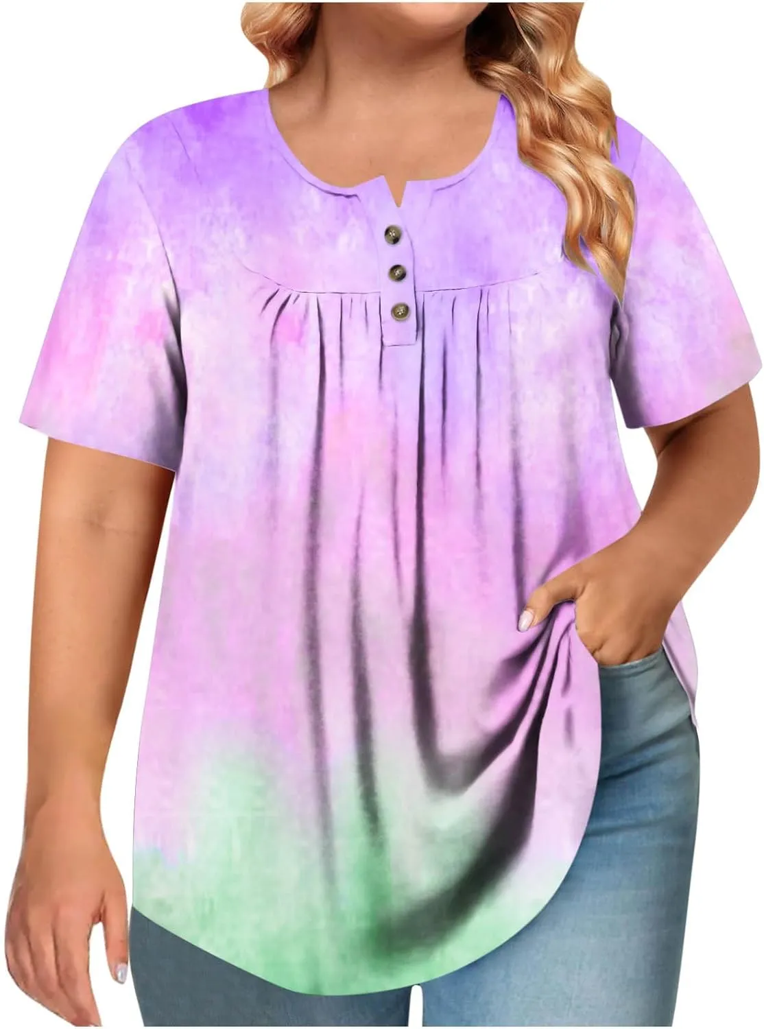 Plus Size Top for Women Button Up Henley Shirts Short Sleeve Summer Crew Neck Pleated Casual Trendy Tie Dye Tunic Blouse