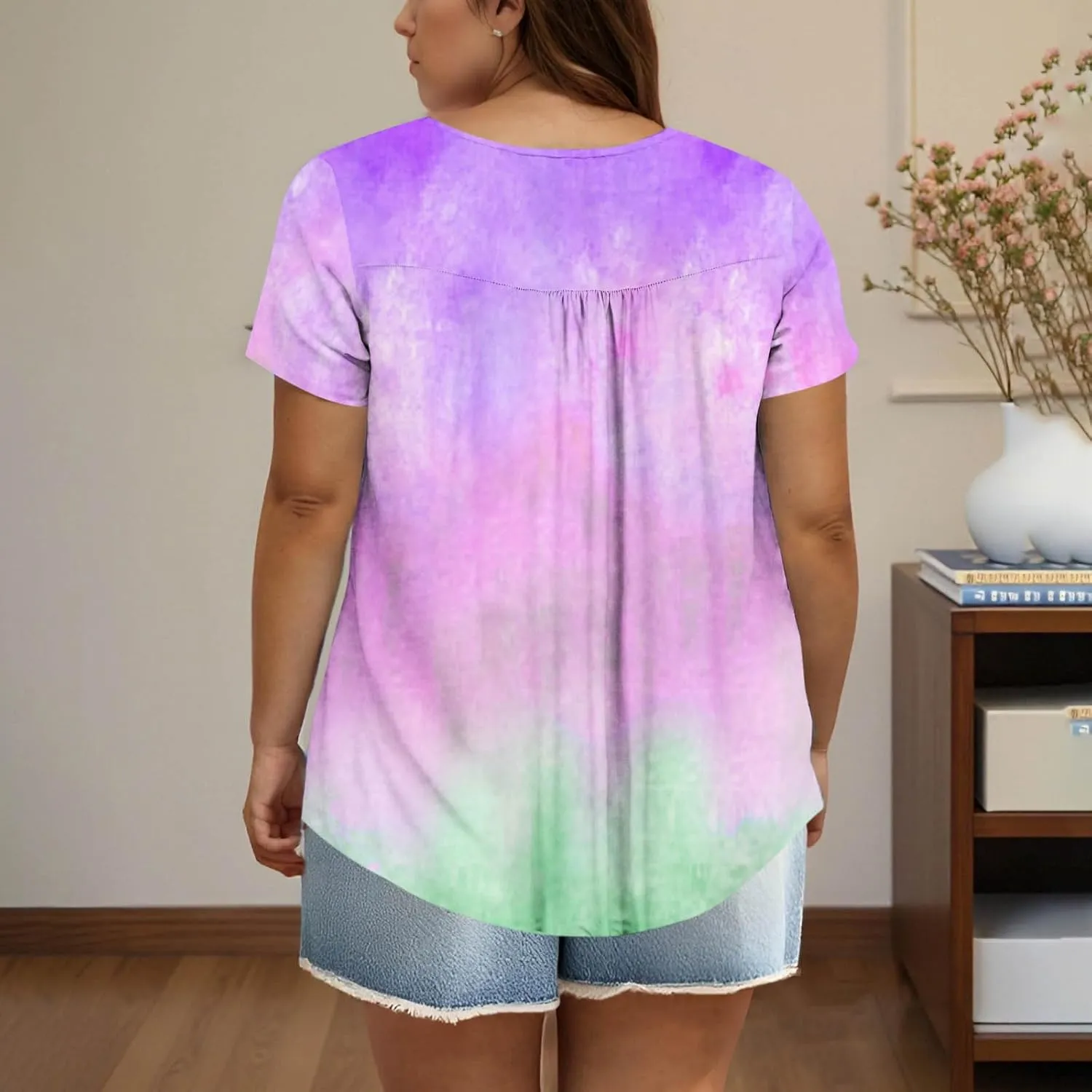 Plus Size Top for Women Button Up Henley Shirts Short Sleeve Summer Crew Neck Pleated Casual Trendy Tie Dye Tunic Blouse