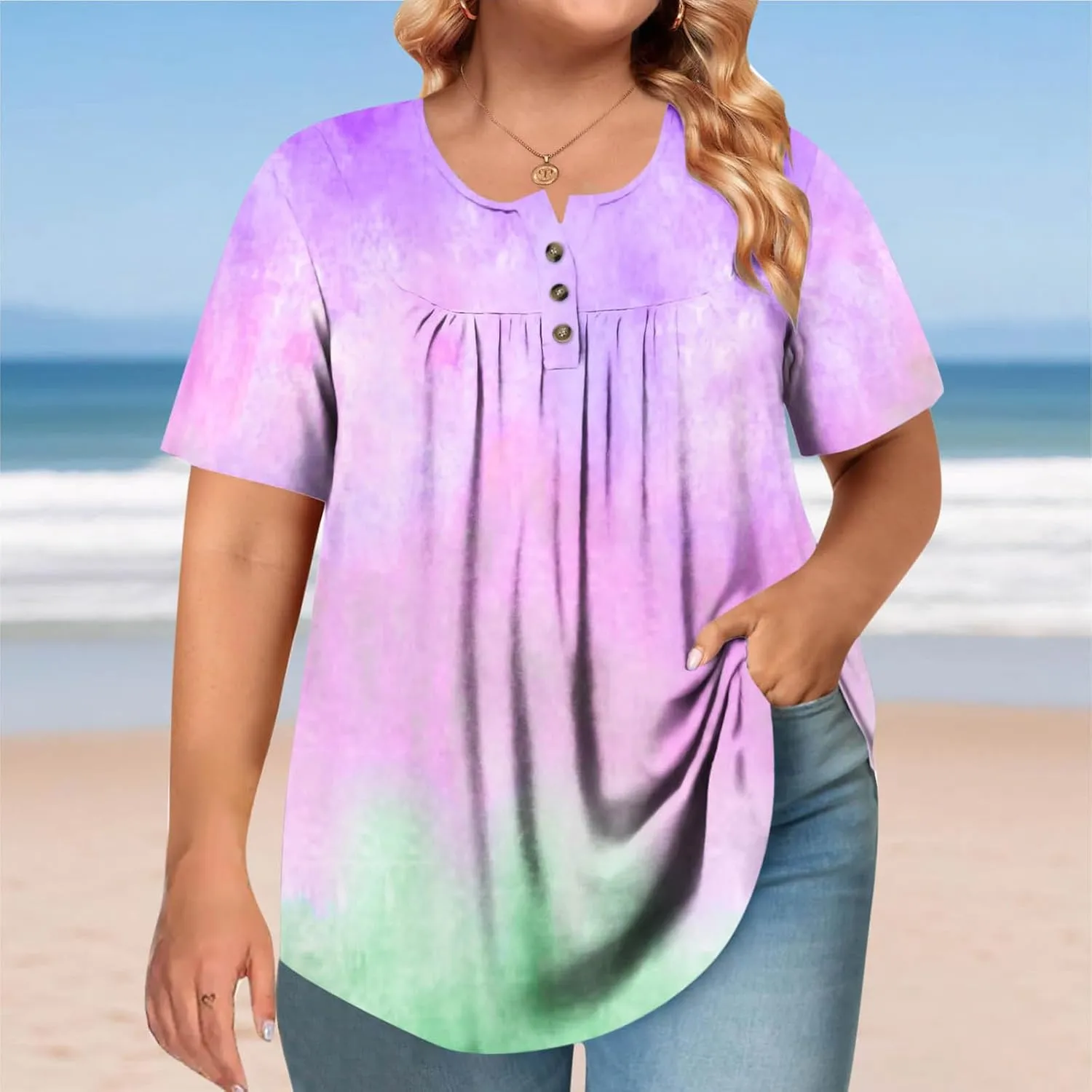 Plus Size Top for Women Button Up Henley Shirts Short Sleeve Summer Crew Neck Pleated Casual Trendy Tie Dye Tunic Blouse