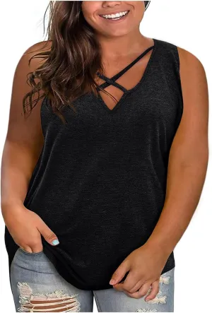 Plus Size Vests for Womens Dressy Hollow Out V-Neck Sleeveless Solid Color Summer Casual Baggy Comfy Tank Tops