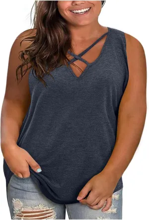 Plus Size Vests for Womens Dressy Hollow Out V-Neck Sleeveless Solid Color Summer Casual Baggy Comfy Tank Tops