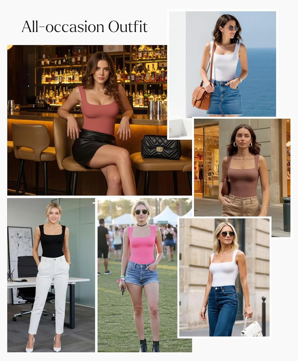 Popilush Body Suits for Womens - Going Out Cute Tops - Sleeveless Square Neck Shapewear Bodysuits Concert Outfits