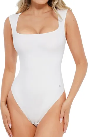 Popilush Body Suits for Womens - Going Out Cute Tops - Sleeveless Square Neck Shapewear Bodysuits Concert Outfits