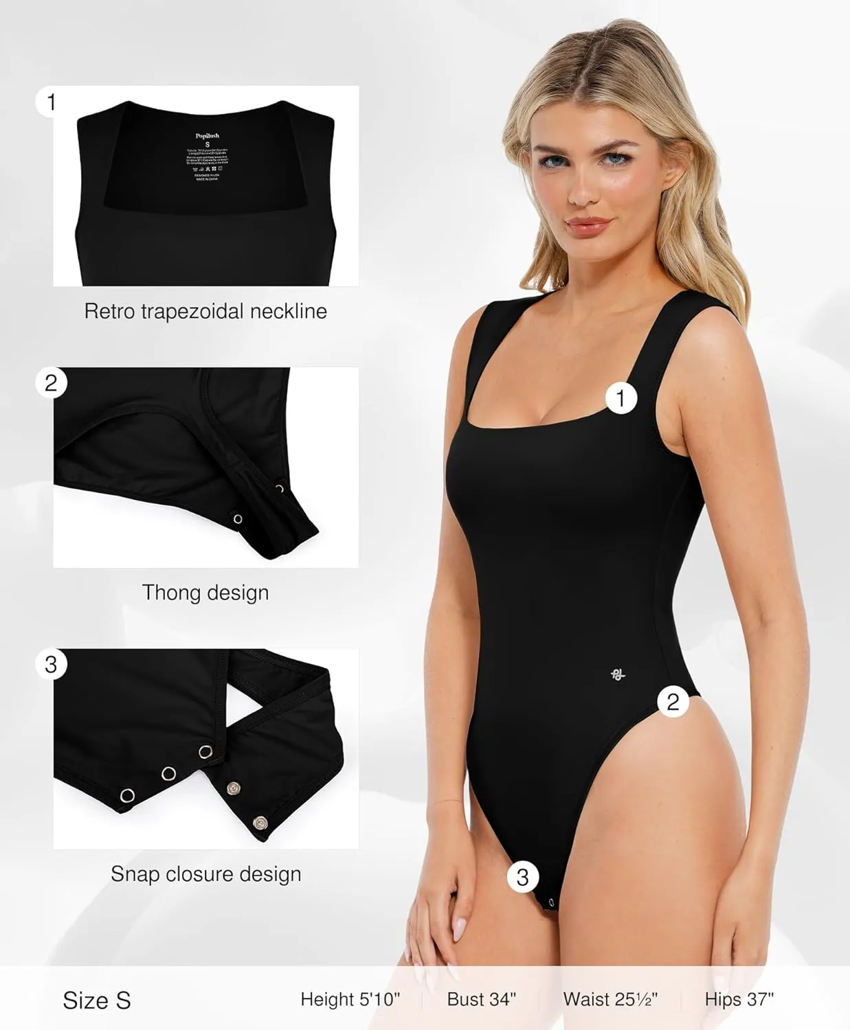 Popilush Body Suits for Womens - Going Out Cute Tops - Sleeveless Square Neck Shapewear Bodysuits Concert Outfits