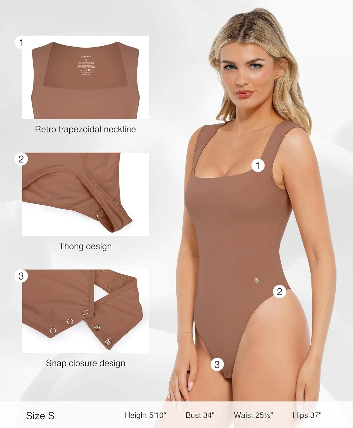 Popilush Body Suits for Womens - Going Out Cute Tops - Sleeveless Square Neck Shapewear Bodysuits Concert Outfits