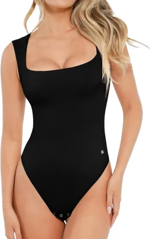 Popilush Body Suits for Womens - Going Out Cute Tops - Sleeveless Square Neck Shapewear Bodysuits Concert Outfits