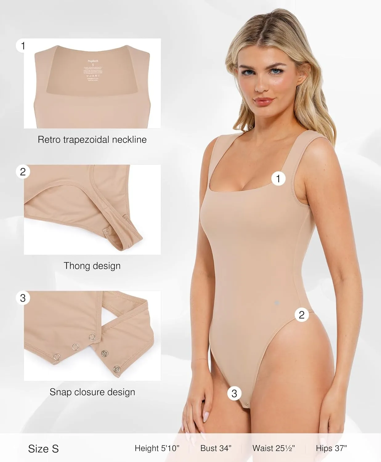 Popilush Body Suits for Womens - Going Out Cute Tops - Sleeveless Square Neck Shapewear Bodysuits Concert Outfits