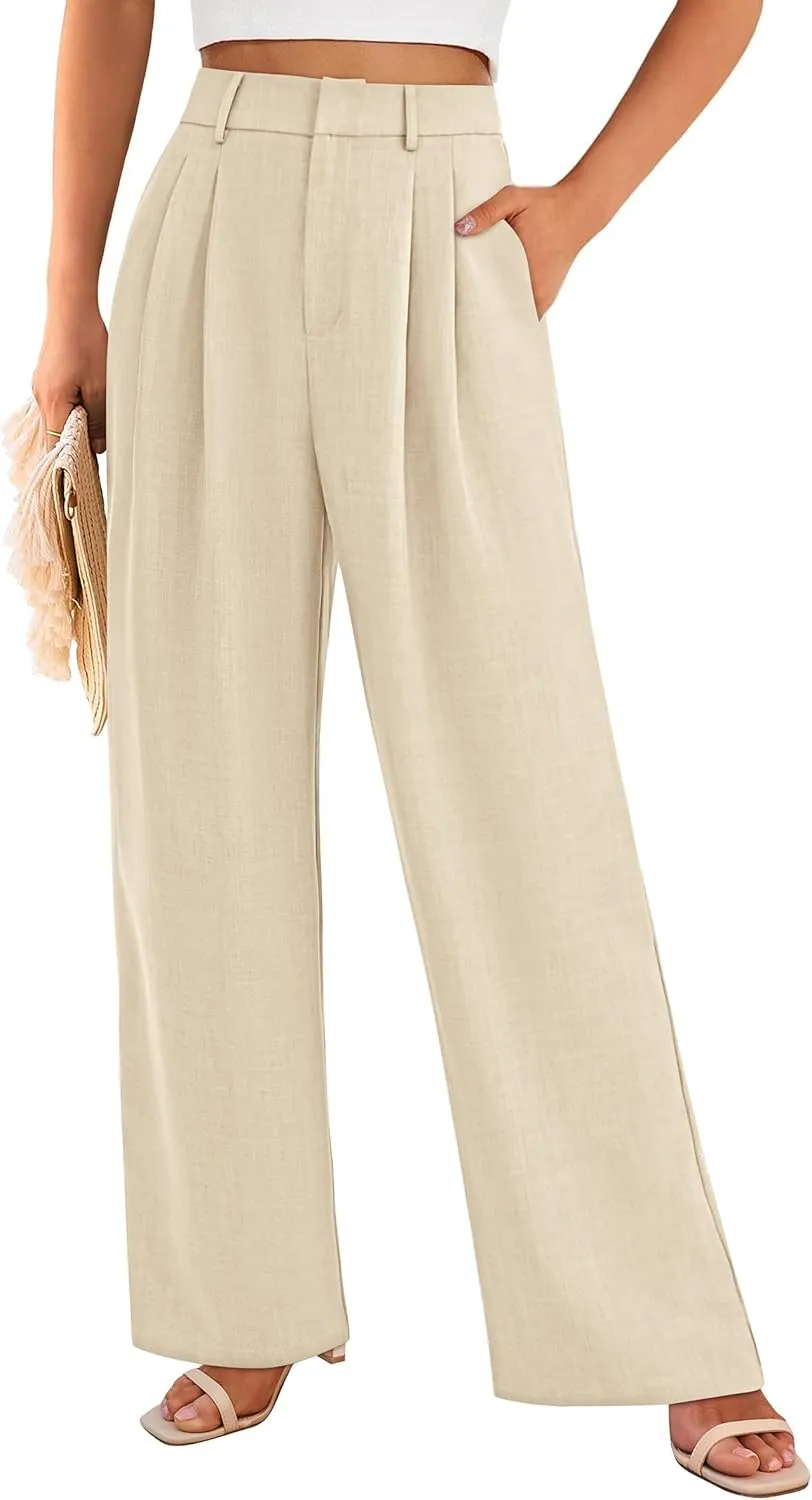 PRETTYGARDEN Women's Summer Work Pants Elastic High Waisted Straight Leg Business Casual Dressy Trousers Slacks with Pockets