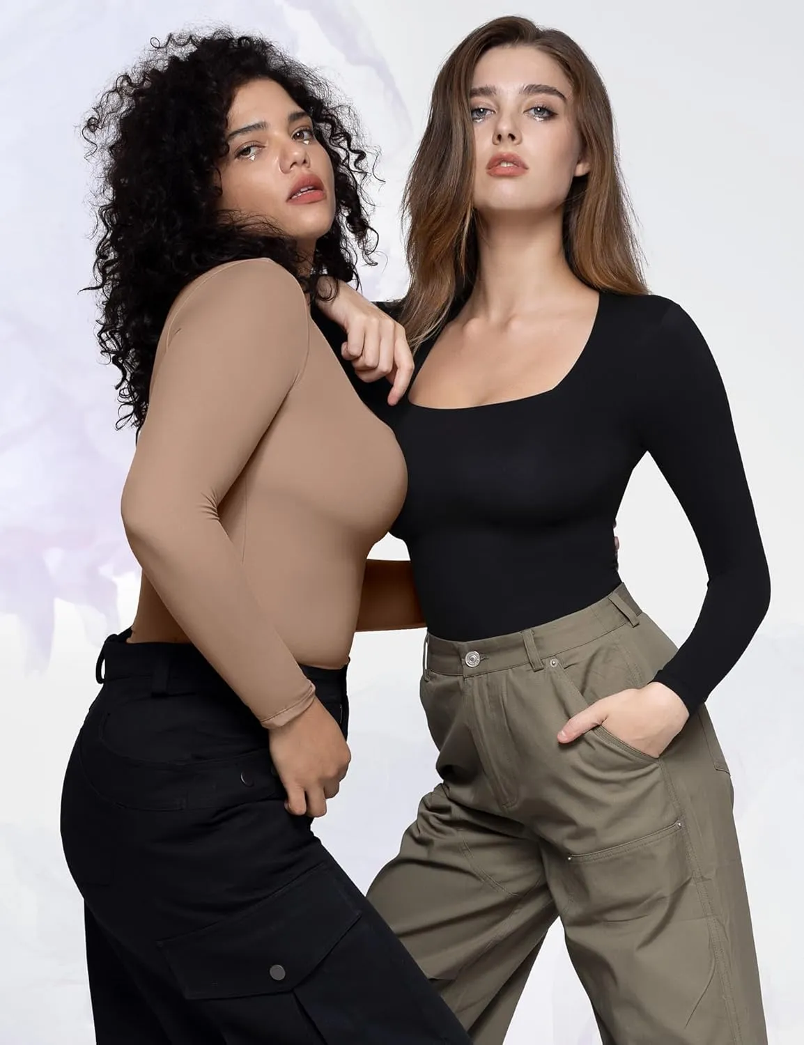 PUMIEY Women's Square Neck Long Sleeve Bodysuit Sexy Body Suit Tops Smoke Cloud Pro Collection