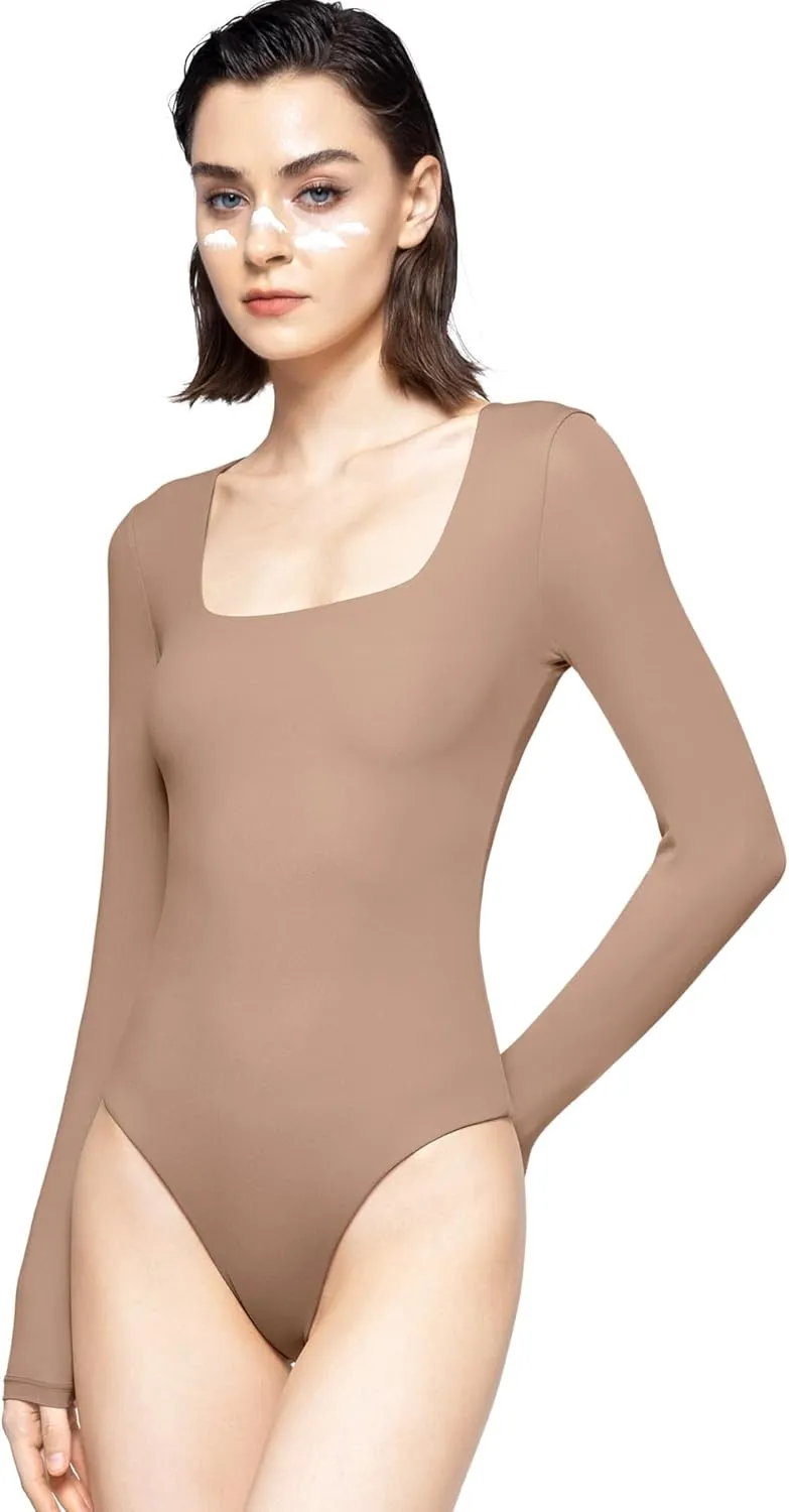 PUMIEY Women's Square Neck Long Sleeve Bodysuit Sexy Body Suit Tops Smoke Cloud Pro Collection