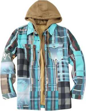 QWENTMTNTY Flannel Hooded Jackets for Men Zipper Thermal Warm Button Down Shirt Jacket Big Tall Casual Stylish Winter Jacket Coat