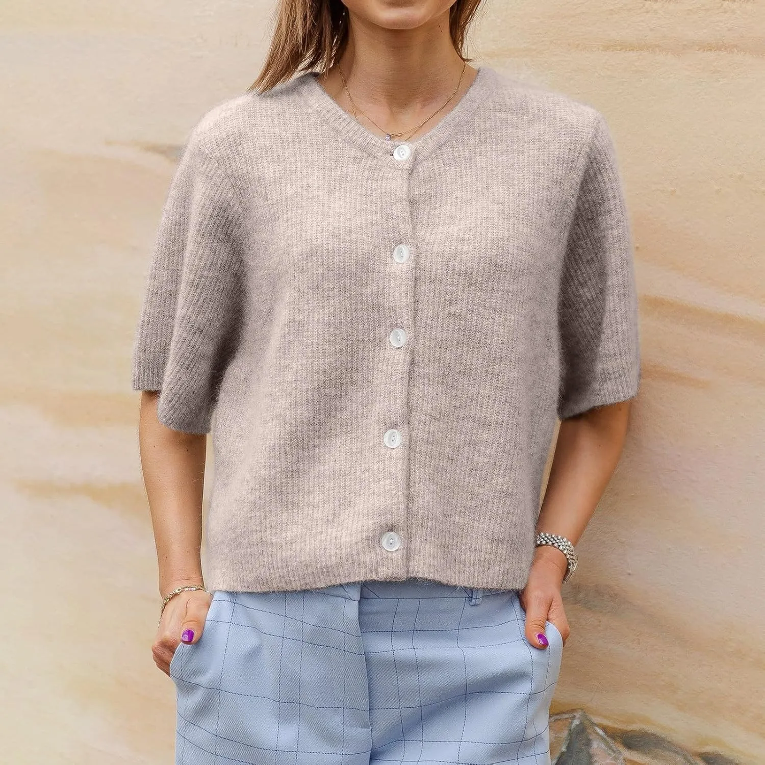 RUEWEY Women's Knitted Button Down Cardigan Short Sleeve Crew Neck Relaxed Sweater Going Out Knit Tops