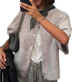 RUEWEY Women's Knitted Button Down Cardigan Short Sleeve Crew Neck Relaxed Sweater Going Out Knit Tops