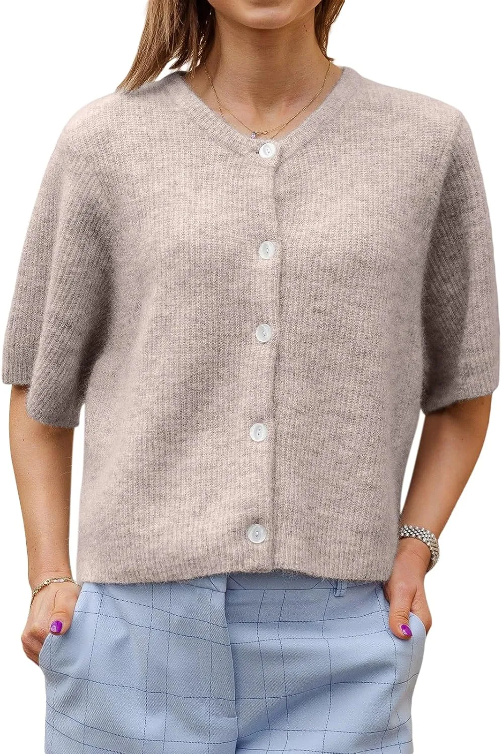 RUEWEY Women's Knitted Button Down Cardigan Short Sleeve Crew Neck Relaxed Sweater Going Out Knit Tops