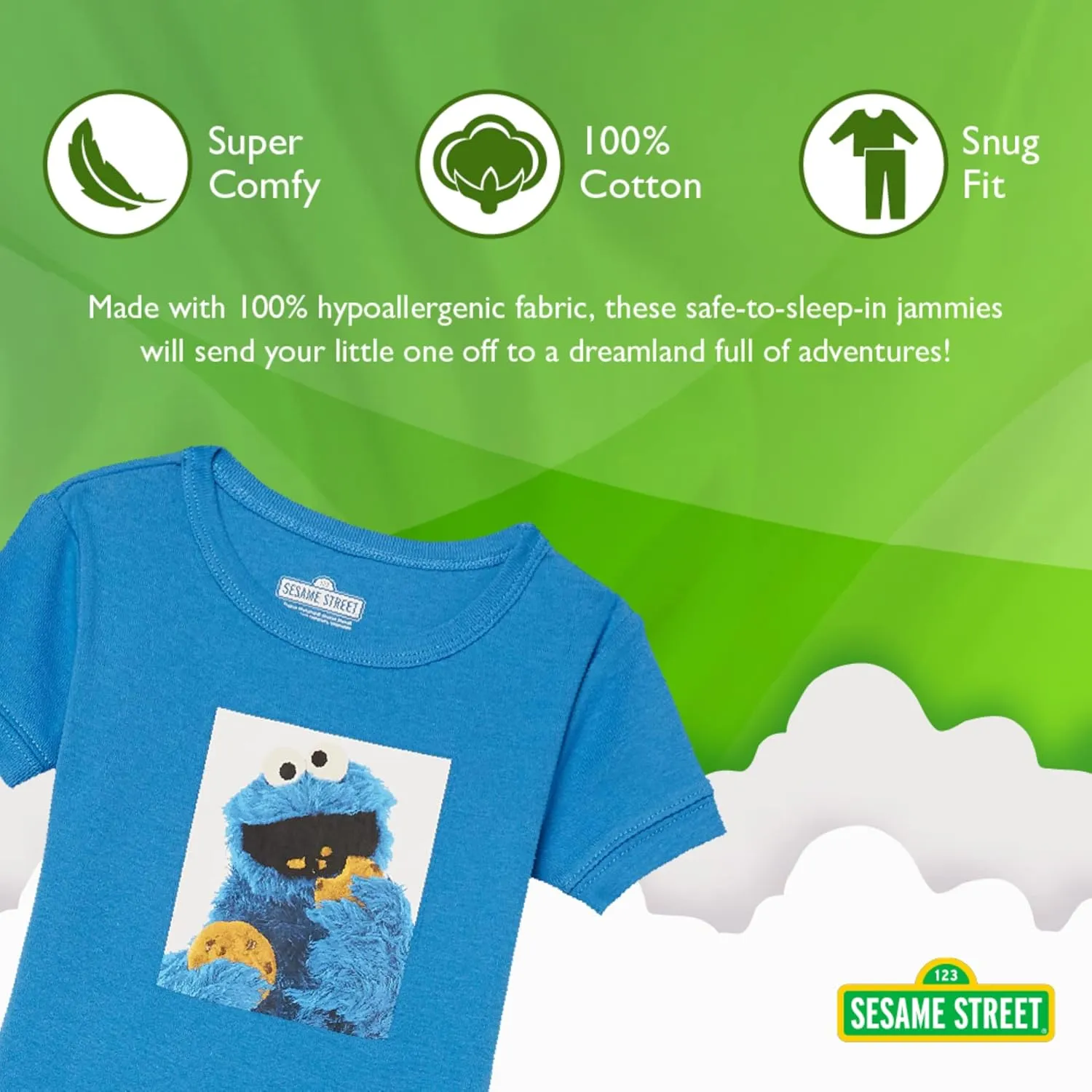 Sesame Street Boys' 2-Piece Snug-fit Organic Cotton Pajama Set, Soft & Cute for Kids