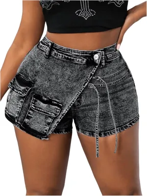 SHENHE Women's Denim Cargo Shorts High Waisted Wrap Jean Skort Skirt Shorts with Pockets