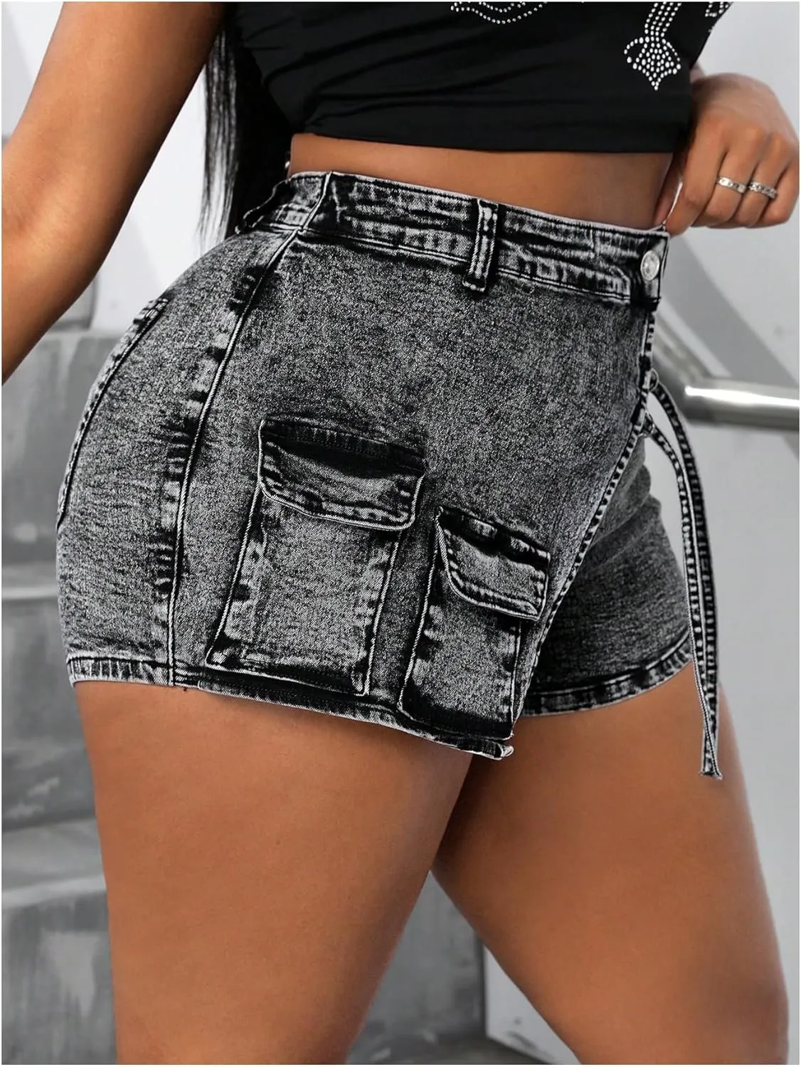 SHENHE Women's Denim Cargo Shorts High Waisted Wrap Jean Skort Skirt Shorts with Pockets
