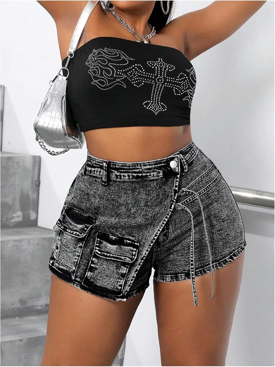 SHENHE Women's Denim Cargo Shorts High Waisted Wrap Jean Skort Skirt Shorts with Pockets