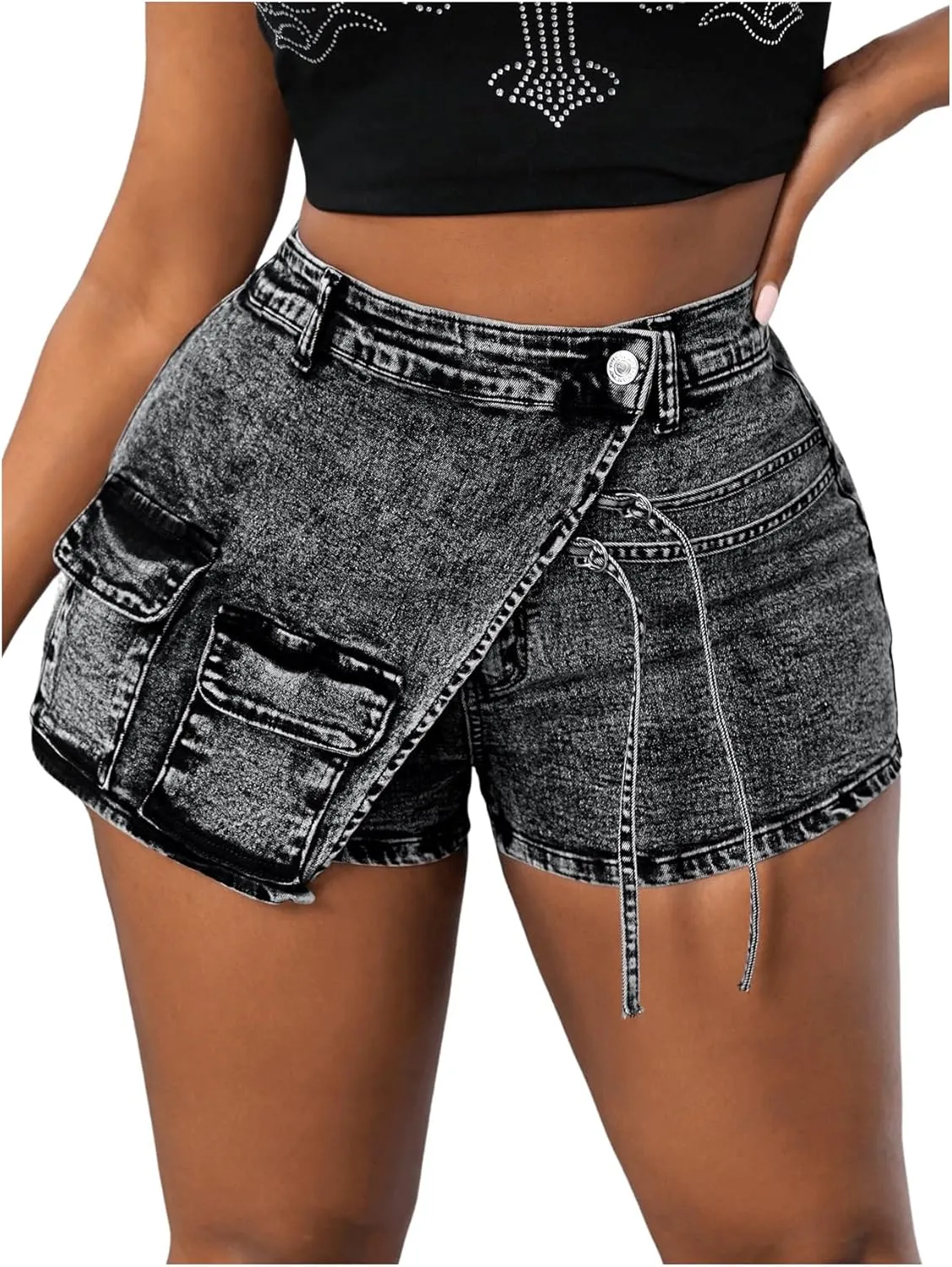 SHENHE Women's Denim Cargo Shorts High Waisted Wrap Jean Skort Skirt Shorts with Pockets