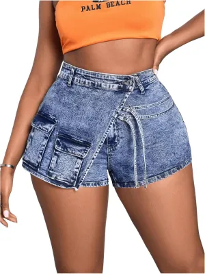 SHENHE Women's Denim Cargo Shorts High Waisted Wrap Jean Skort Skirt Shorts with Pockets