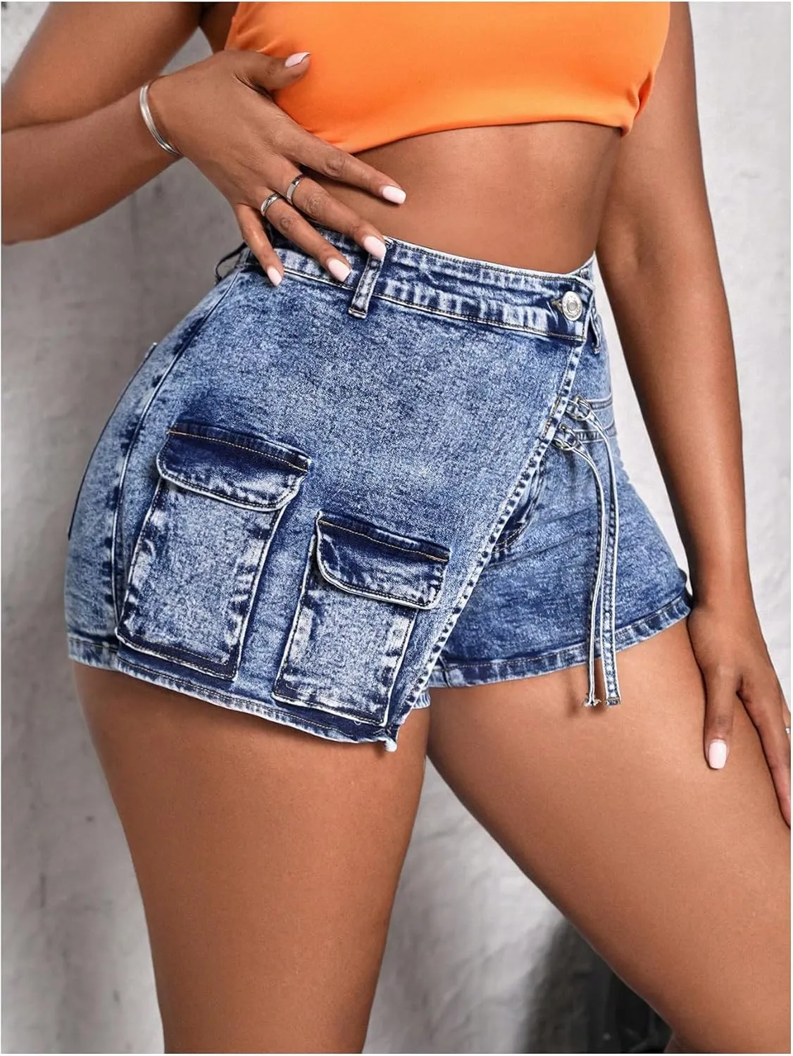 SHENHE Women's Denim Cargo Shorts High Waisted Wrap Jean Skort Skirt Shorts with Pockets