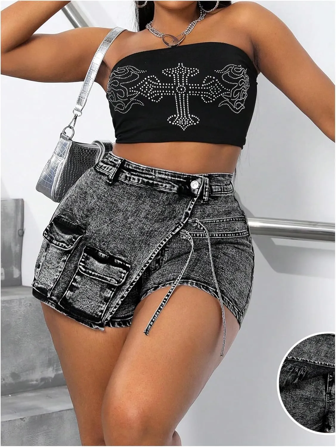 SHENHE Women's Denim Cargo Shorts High Waisted Wrap Jean Skort Skirt Shorts with Pockets