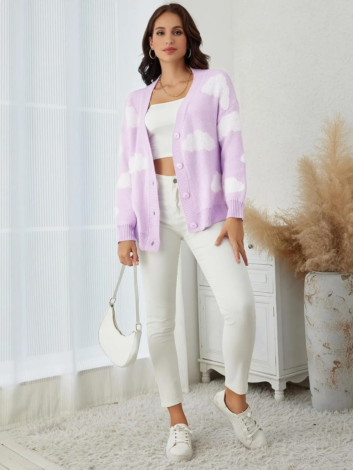 SOLY HUX Women's Button Down V Neck Long Sleeve Cloud Open Front Knit Cardigan Sweater