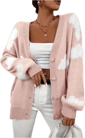 SOLY HUX Women's Button Down V Neck Long Sleeve Cloud Open Front Knit Cardigan Sweater