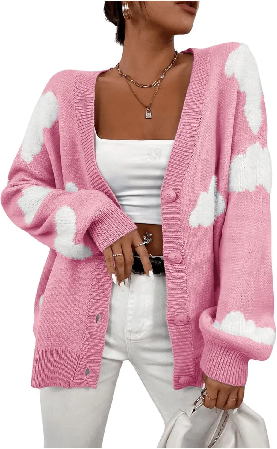 SOLY HUX Women's Button Down V Neck Long Sleeve Cloud Open Front Knit Cardigan Sweater