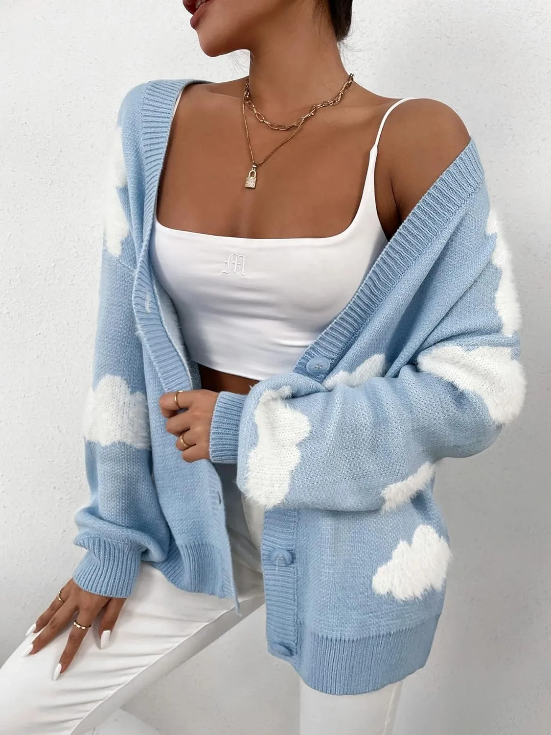 SOLY HUX Women's Button Down V Neck Long Sleeve Cloud Open Front Knit Cardigan Sweater