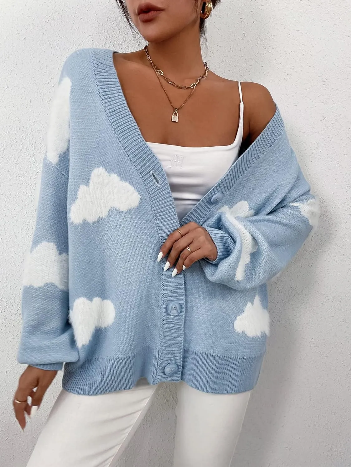 SOLY HUX Women's Button Down V Neck Long Sleeve Cloud Open Front Knit Cardigan Sweater