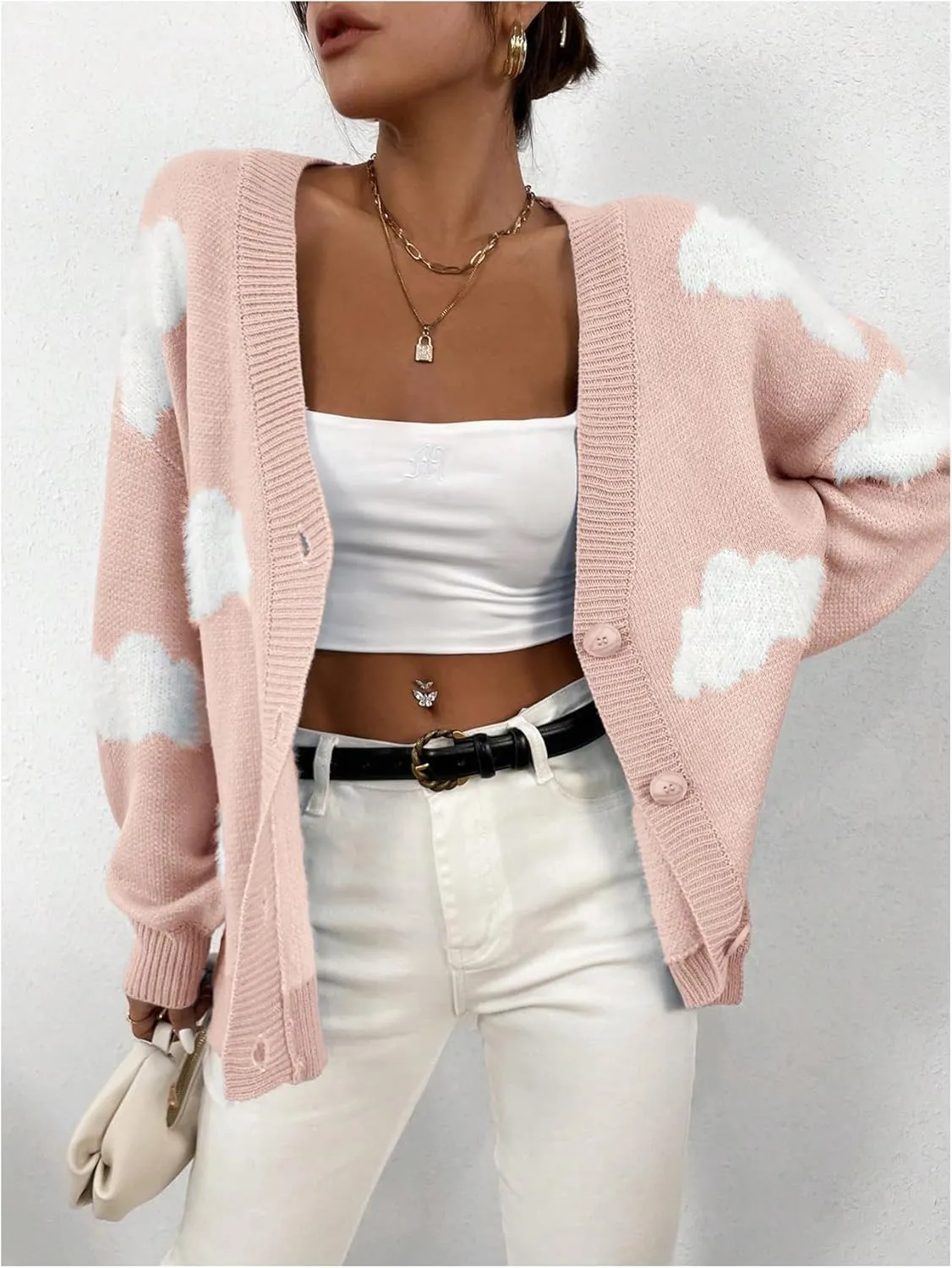 SOLY HUX Women's Button Down V Neck Long Sleeve Cloud Open Front Knit Cardigan Sweater