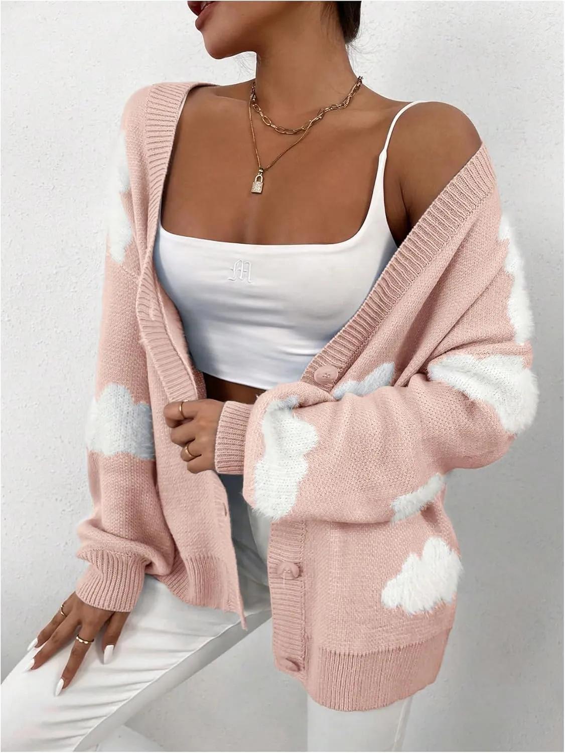 SOLY HUX Women's Button Down V Neck Long Sleeve Cloud Open Front Knit Cardigan Sweater