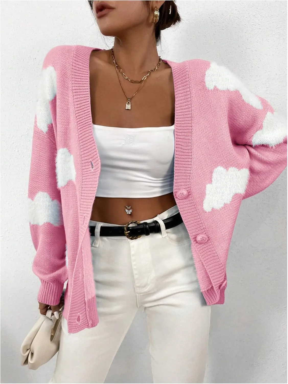 SOLY HUX Women's Button Down V Neck Long Sleeve Cloud Open Front Knit Cardigan Sweater